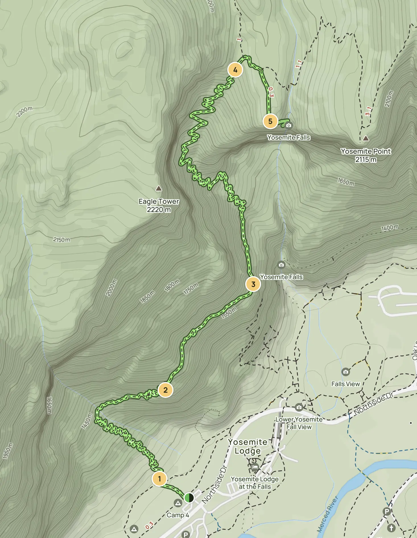<p>Upper Yosemite Fall Trail 地图。我们从 1 出发，2 是 Columbia Rock，3 是 Oh-My-Gosh Point，5 是终点。地图上 1-2 这一段全是 zigzag，于是从此我患上了 zigzag PTSD，看到长这样的路逃跑也是可以的呢……过了 4 后还可以走另外一条路去 Yosemite Point</p>
